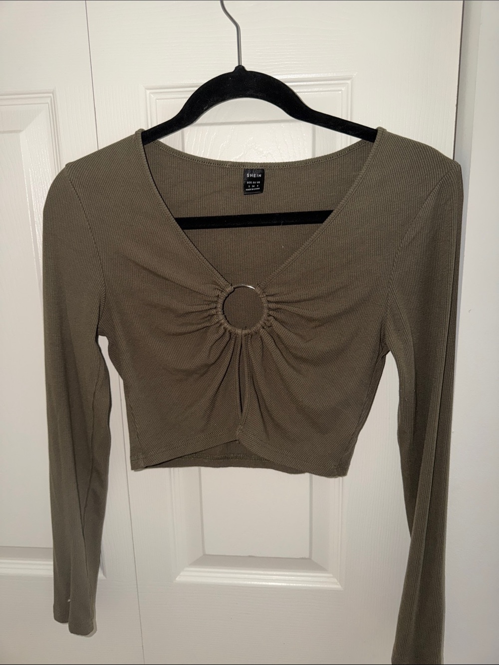SHEIN Olive Green Ring-Front Long Sleeve Crop Top